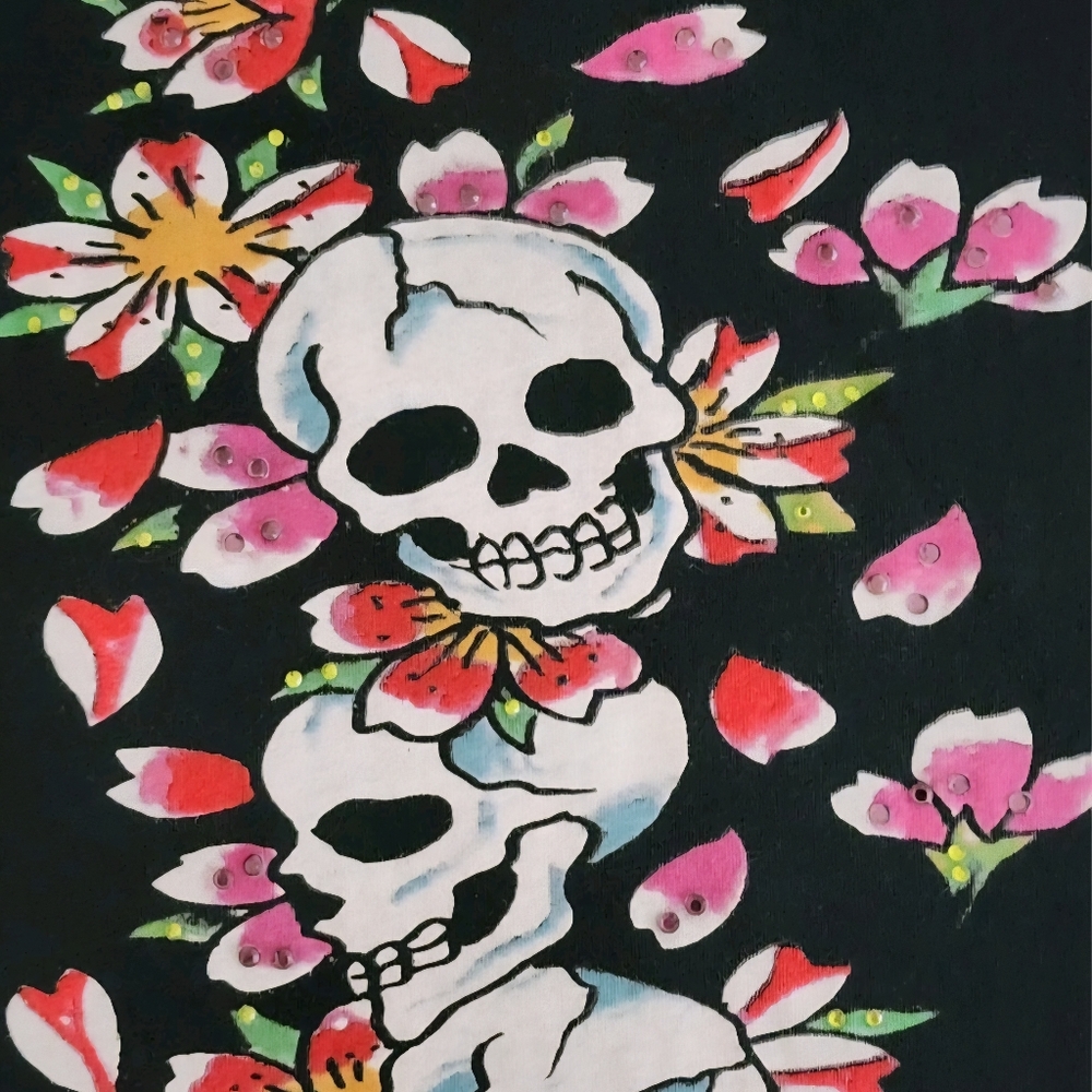 Vintage Ed Hardy Skull Floral Tee Dress 💀Y2K Graphic Bodycon Mini Black Sz. M - Picture 8 of 10